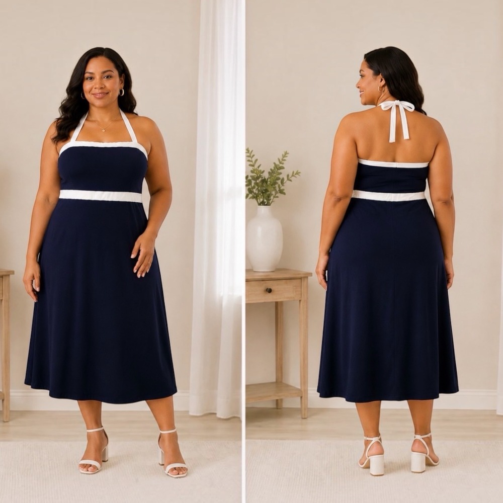 Boden Navy White Halter Neck Empire Waist‎ Jersey Midi Dress J0672 US 16/18R